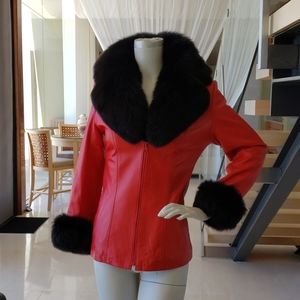 Red leather jacket with fox collar/cuffs